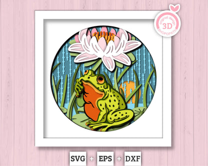 3D Frog Under Water Lily Flower In The Rain Shadow Box SVG, 3D Summer SVG, 3D Frog Svg, 3d Rain SVG, 3d Lotus Flower svg Cricut Silhouette