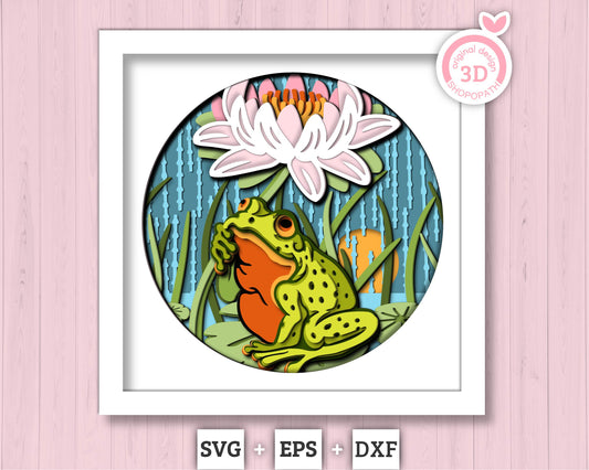 3D Frog Under Water Lily Flower In The Rain Shadow Box SVG, 3D Summer SVG, 3D Frog Svg, 3d Rain SVG, 3d Lotus Flower svg Cricut Silhouette