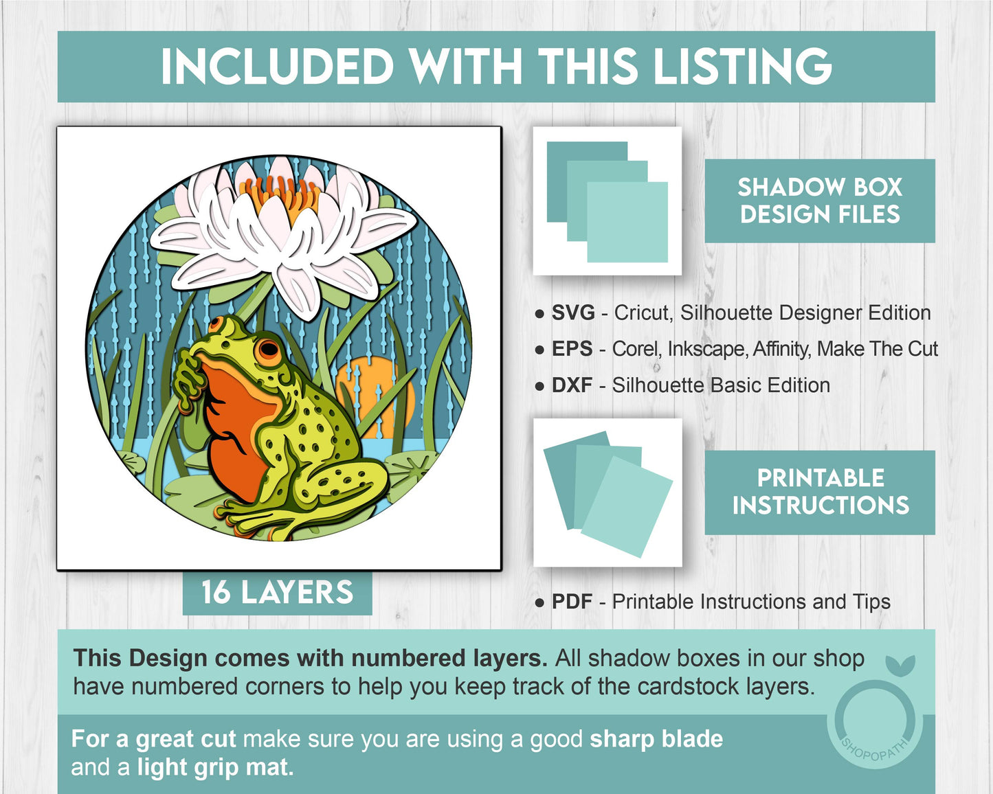 3D Frog Under Water Lily Flower In The Rain Shadow Box SVG, 3D Summer SVG, 3D Frog Svg, 3d Rain SVG, 3d Lotus Flower svg Cricut Silhouette