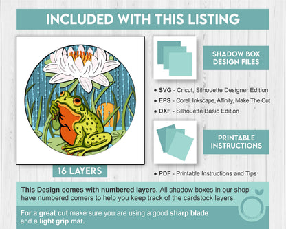 3D Frog Under Water Lily Flower In The Rain Shadow Box SVG, 3D Summer SVG, 3D Frog Svg, 3d Rain SVG, 3d Lotus Flower svg Cricut Silhouette
