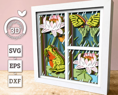 3D Frog Under Water Lily Flower Shadow Box SVG, 3D Summer SVG, 3D Layered Frog Svg, 3d Luna Moth SVG, 3d Lotus Flower svg Cricut Silhouette