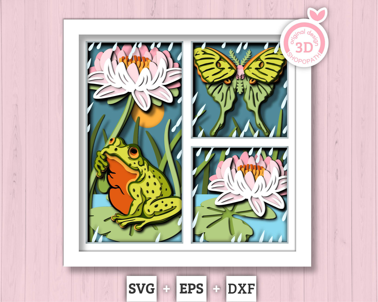 3D Frog Under Water Lily Flower Shadow Box SVG, 3D Summer SVG, 3D Layered Frog Svg, 3d Luna Moth SVG, 3d Lotus Flower svg Cricut Silhouette