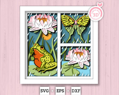 3D Frog Under Water Lily Flower Shadow Box SVG, 3D Summer SVG, 3D Layered Frog Svg, 3d Luna Moth SVG, 3d Lotus Flower svg Cricut Silhouette
