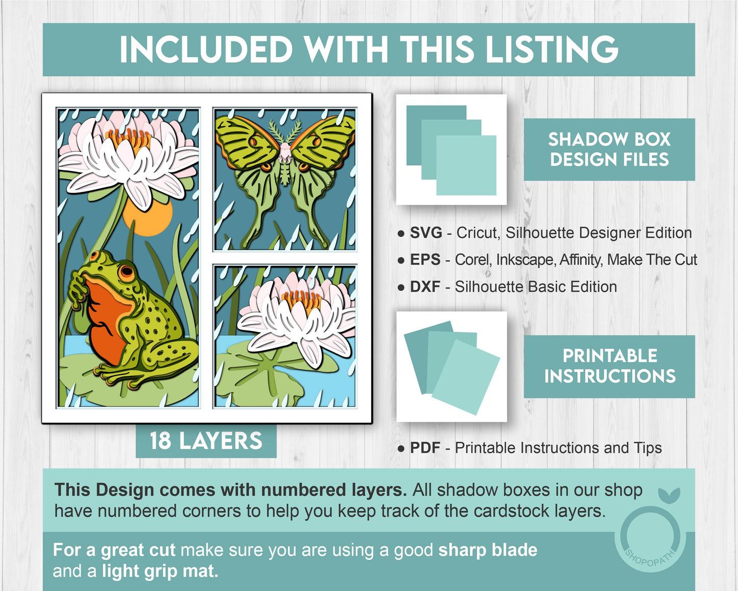 3D Frog Under Water Lily Flower Shadow Box SVG, 3D Summer SVG, 3D Layered Frog Svg, 3d Luna Moth SVG, 3d Lotus Flower svg Cricut Silhouette