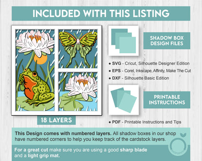 3D Frog Under Water Lily Flower Shadow Box SVG, 3D Summer SVG, 3D Layered Frog Svg, 3d Luna Moth SVG, 3d Lotus Flower svg Cricut Silhouette