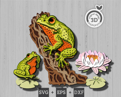 Frogs with Waterlily - 3D Element Layered SVG DXF EPS for Laser Cut, Glowforge, Cricut (Cutting Files)
