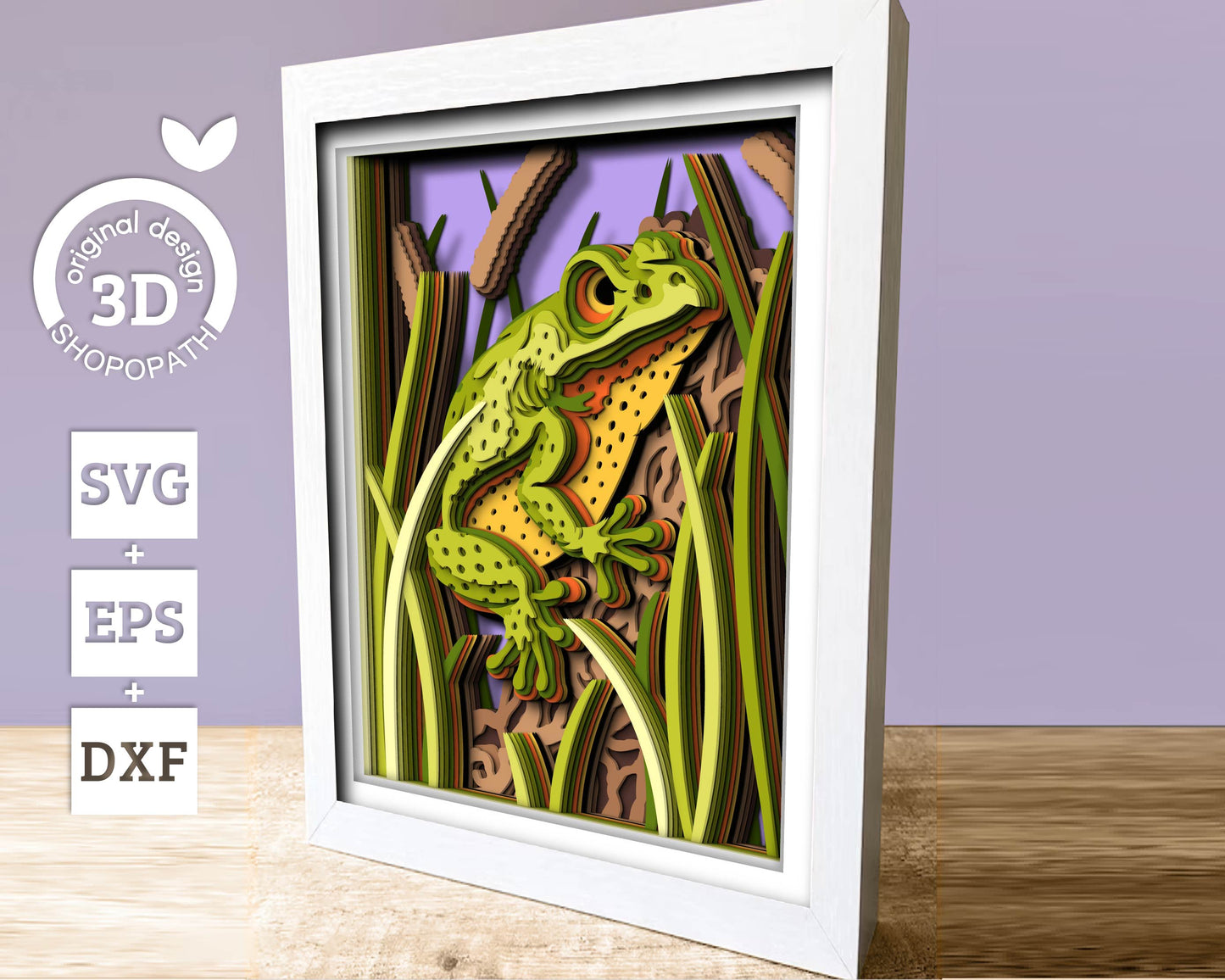 3D Frog On Tree Log Shadow Box SVG, 8x10 inch 3D Layered Frog Svg, 3D Summer SVG, 3D Cattail Plant Svg, 3D Pond SVG, Cricut Silhouette