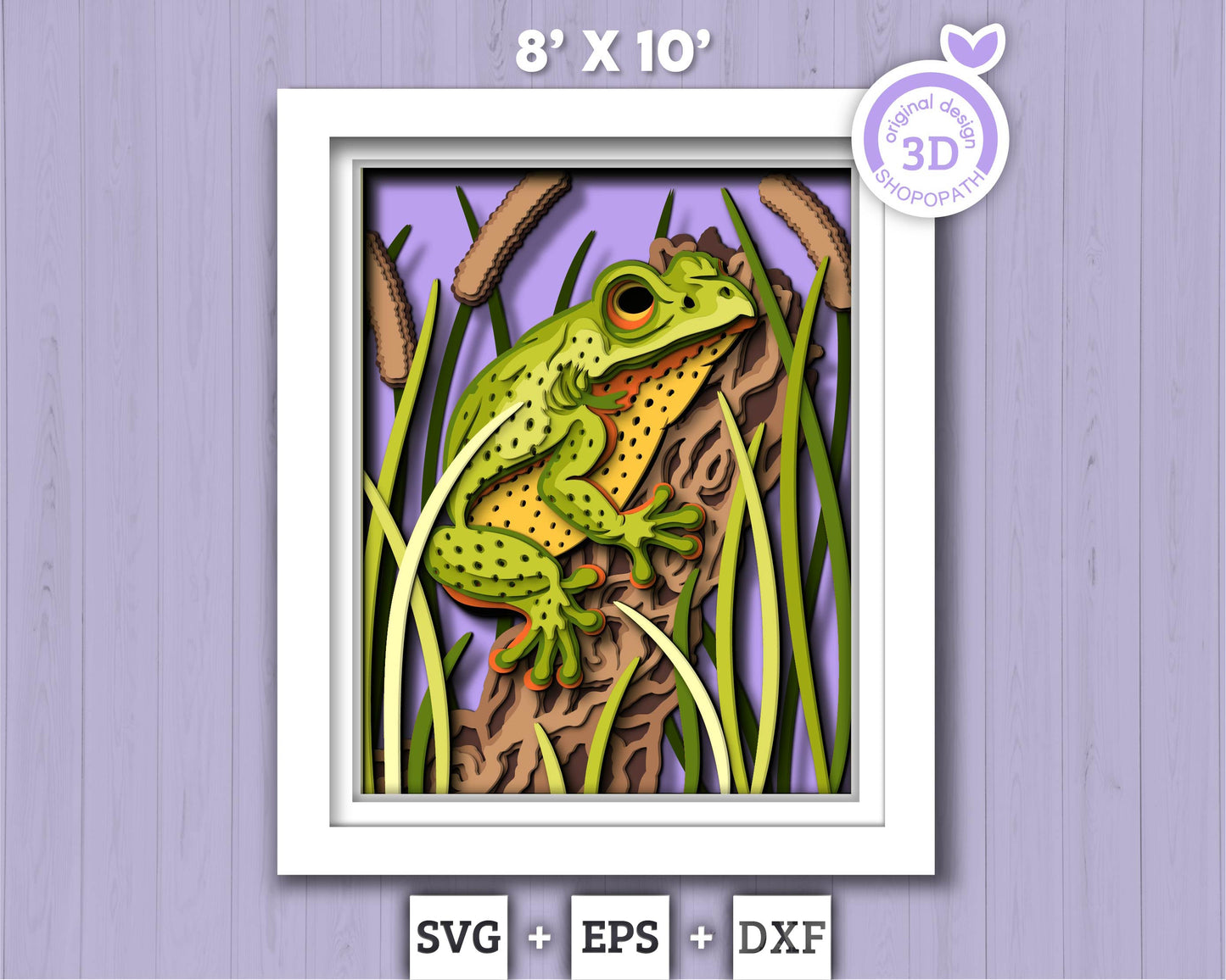 3D Frog On Tree Log Shadow Box SVG, 8x10 inch 3D Layered Frog Svg, 3D Summer SVG, 3D Cattail Plant Svg, 3D Pond SVG, Cricut Silhouette
