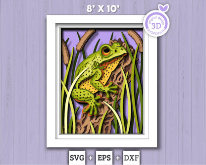 3D Frog On Tree Log Shadow Box SVG, 8x10 inch 3D Layered Frog Svg, 3D Summer SVG, 3D Cattail Plant Svg, 3D Pond SVG, Cricut Silhouette