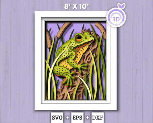 3D Frog On Tree Log Shadow Box SVG, 8x10 inch 3D Layered Frog Svg, 3D Summer SVG, 3D Cattail Plant Svg, 3D Pond SVG, Cricut Silhouette