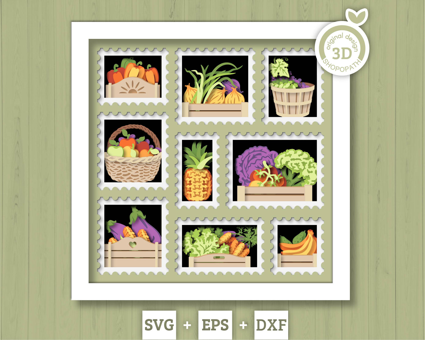 Fruits and Veggies Stamps - 3D Shadow Box Layered SVG DXF EPS (Cutting Files)