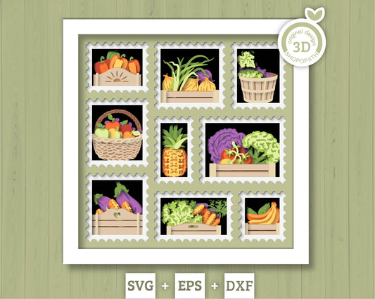 Fruits and Veggies Stamps - 3D Shadow Box Layered SVG DXF EPS (Cutting Files)