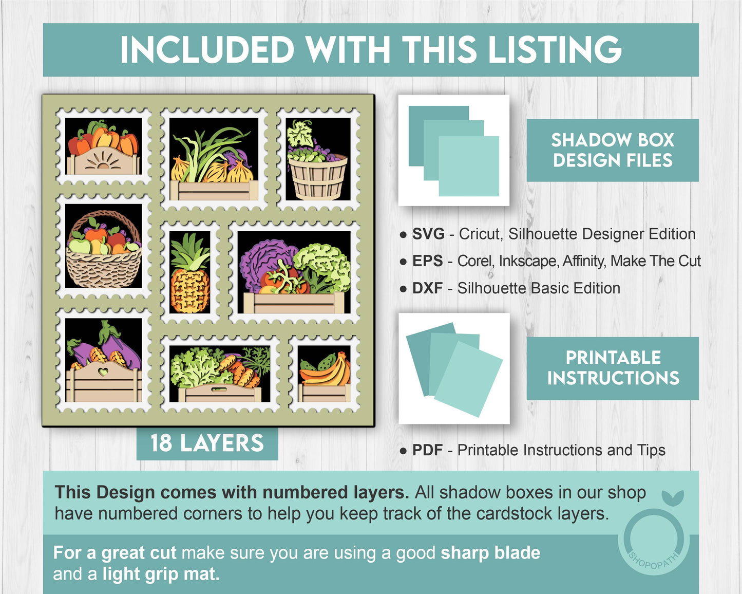 Fruits and Veggies Stamps - 3D Shadow Box Layered SVG DXF EPS (Cutting Files)