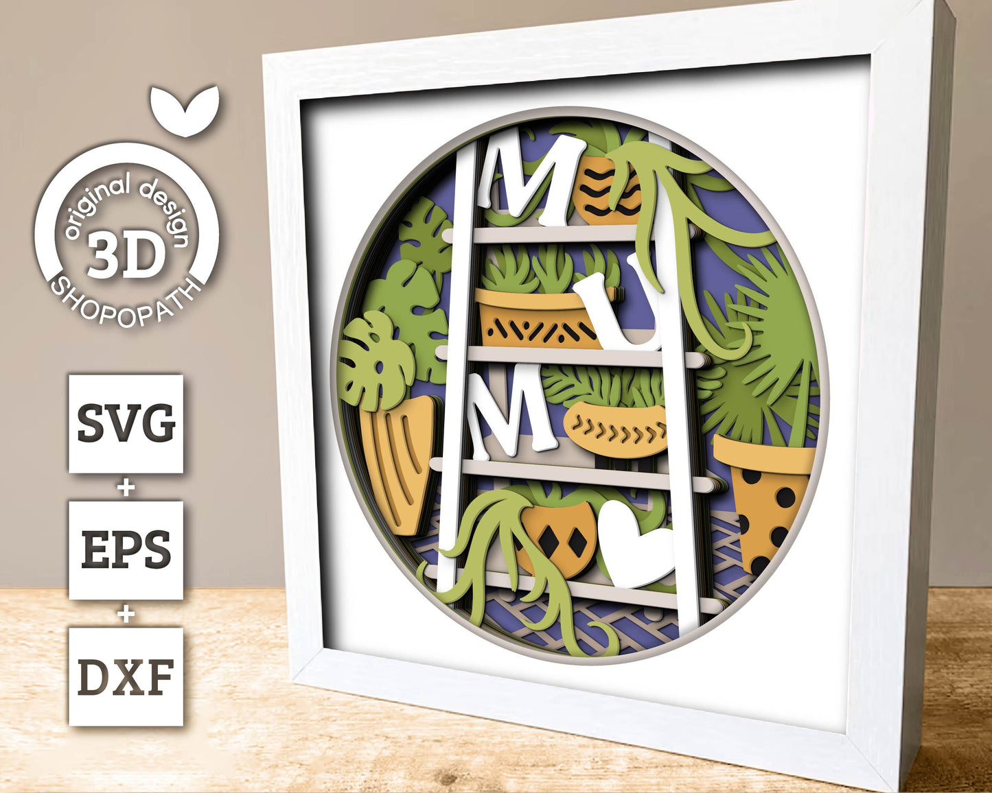 Mum Garden with Ceramic Potted Plants - 3D Shadow Box Layered SVG DXF EPS (Cutting Files)