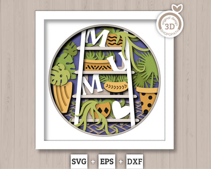 Mum Garden with Ceramic Potted Plants - 3D Shadow Box Layered SVG DXF EPS (Cutting Files)