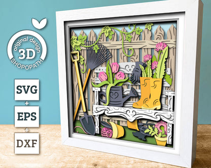 3D SVG Bench with Gardening Tools Shadow Box, 3D SVG Spring Garden, Gardening 3D Svg, Spring 3D Svg, Garden Tools 3D Svg, Cricut Silhouette