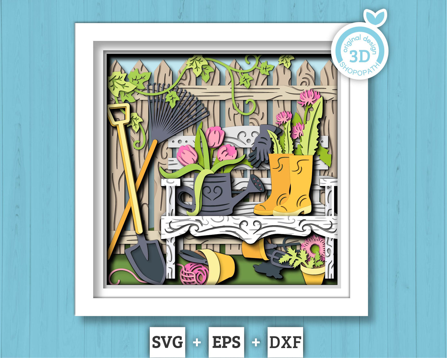 3D SVG Bench with Gardening Tools Shadow Box, 3D SVG Spring Garden, Gardening 3D Svg, Spring 3D Svg, Garden Tools 3D Svg, Cricut Silhouette