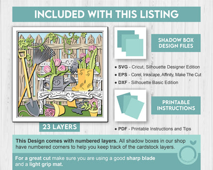 3D SVG Bench with Gardening Tools Shadow Box, 3D SVG Spring Garden, Gardening 3D Svg, Spring 3D Svg, Garden Tools 3D Svg, Cricut Silhouette