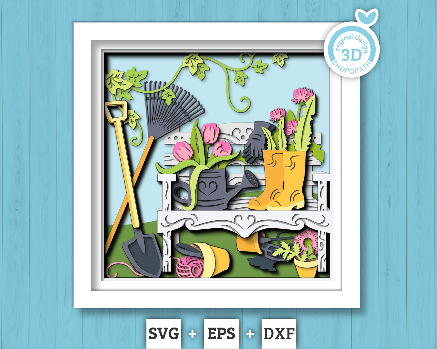 3D SVG Bench with Gardening Tools Shadow Box, 3D SVG Spring Garden, Gardening 3D Svg, Spring 3D Svg, Garden Tools 3D Svg, Cricut Silhouette