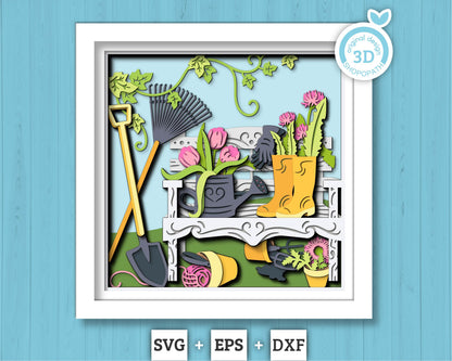3D SVG Bench with Gardening Tools Shadow Box, 3D SVG Spring Garden, Gardening 3D Svg, Spring 3D Svg, Garden Tools 3D Svg, Cricut Silhouette