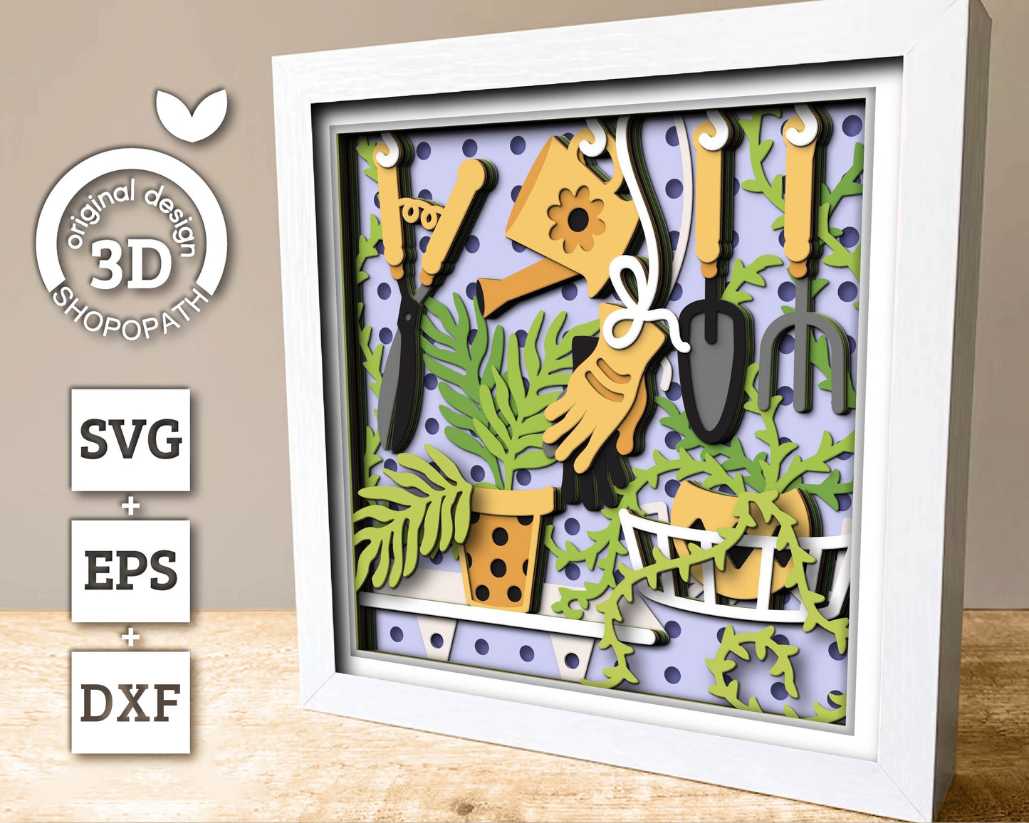 3D SVG Gardening Tools Shadow Box SVG Spring Garden With Leaves and Flowers With Potted Plants And Tools Layered svg, Cricut Silhouette