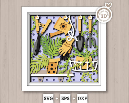 3D SVG Gardening Tools Shadow Box SVG Spring Garden With Leaves and Flowers With Potted Plants And Tools Layered svg, Cricut Silhouette