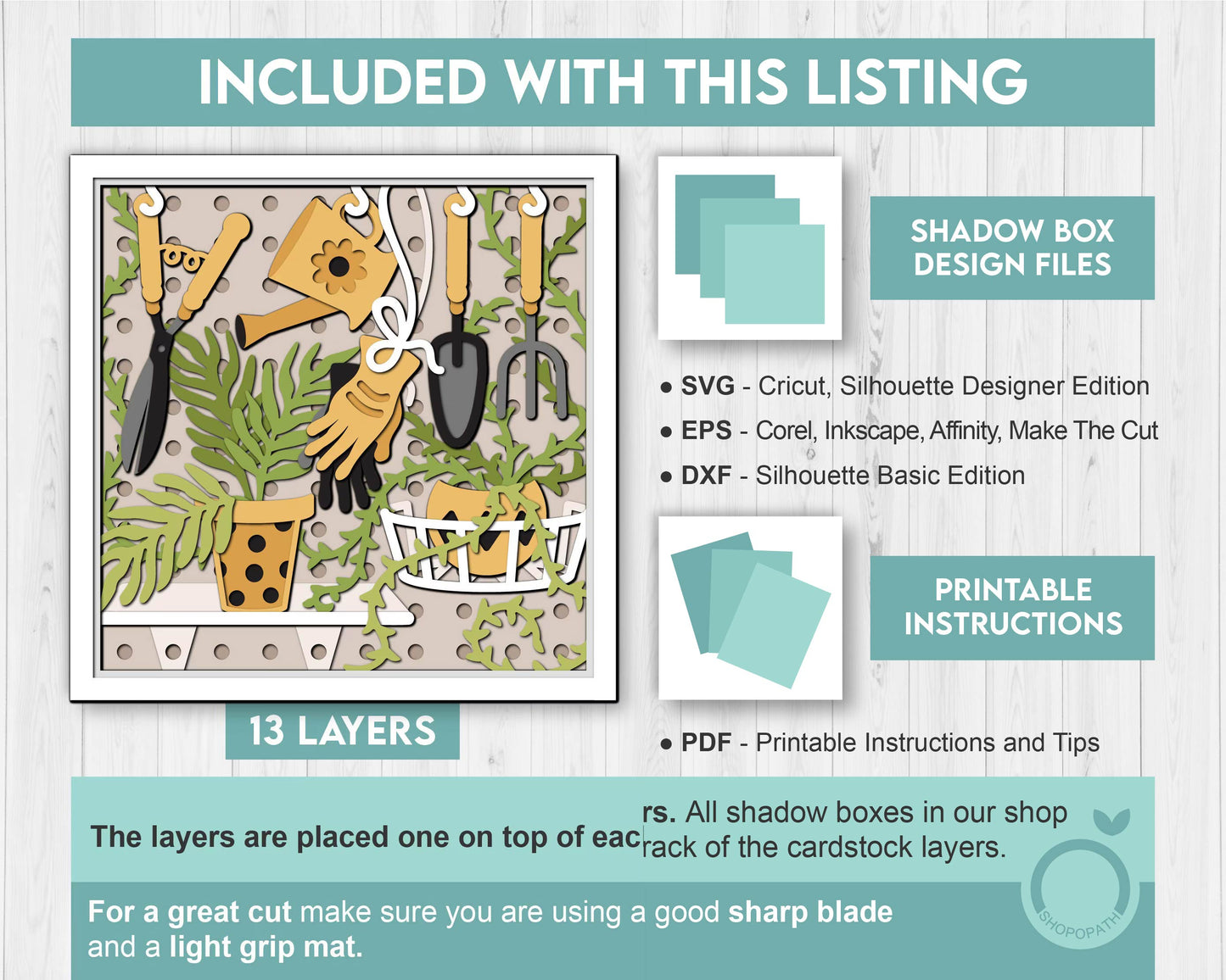 3D SVG Gardening Tools Shadow Box SVG Spring Garden With Leaves and Flowers With Potted Plants And Tools Layered svg, Cricut Silhouette