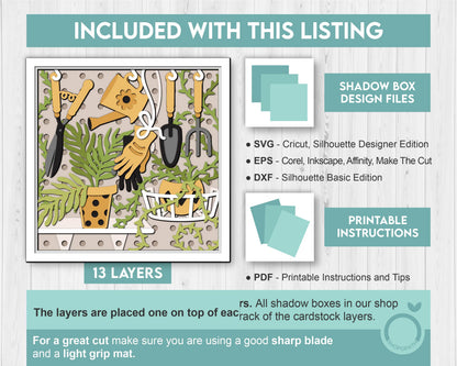 3D SVG Gardening Tools Shadow Box SVG Spring Garden With Leaves and Flowers With Potted Plants And Tools Layered svg, Cricut Silhouette