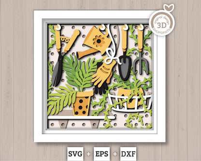 3D SVG Gardening Tools Shadow Box SVG Spring Garden With Leaves and Flowers With Potted Plants And Tools Layered svg, Cricut Silhouette
