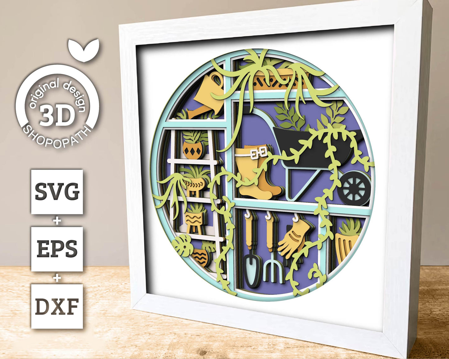 3D SVG Gardening Shadow Box SVG Spring Garden With Leaves and Flowers With Ceramic Potted Plants And Tools Layered svg, Cricut Silhouette