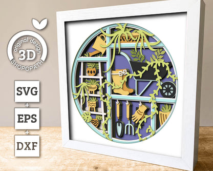 3D SVG Gardening Shadow Box SVG Spring Garden With Leaves and Flowers With Ceramic Potted Plants And Tools Layered svg, Cricut Silhouette