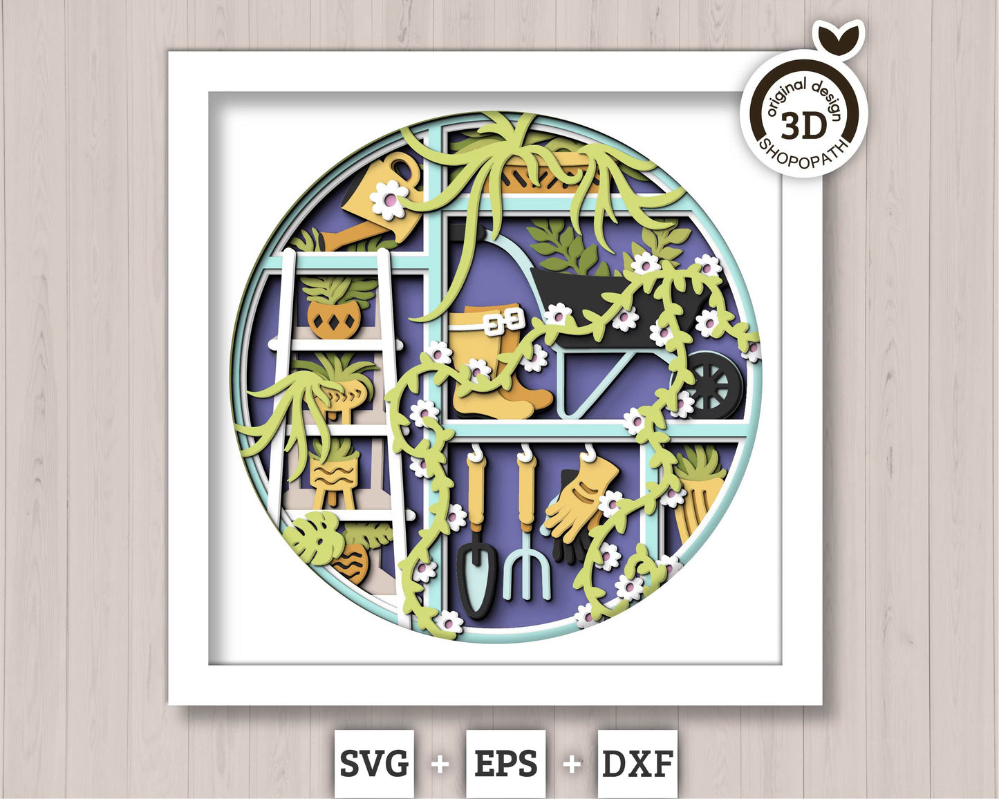 3D SVG Gardening Shadow Box SVG Spring Garden With Leaves and Flowers With Ceramic Potted Plants And Tools Layered svg, Cricut Silhouette