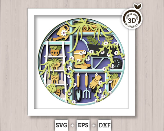3D SVG Gardening Shadow Box SVG Spring Garden With Leaves and Flowers With Ceramic Potted Plants And Tools Layered svg, Cricut Silhouette