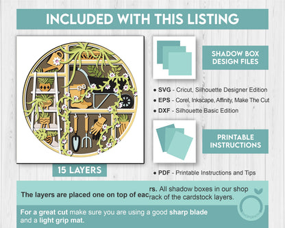 3D SVG Gardening Shadow Box SVG Spring Garden With Leaves and Flowers With Ceramic Potted Plants And Tools Layered svg, Cricut Silhouette