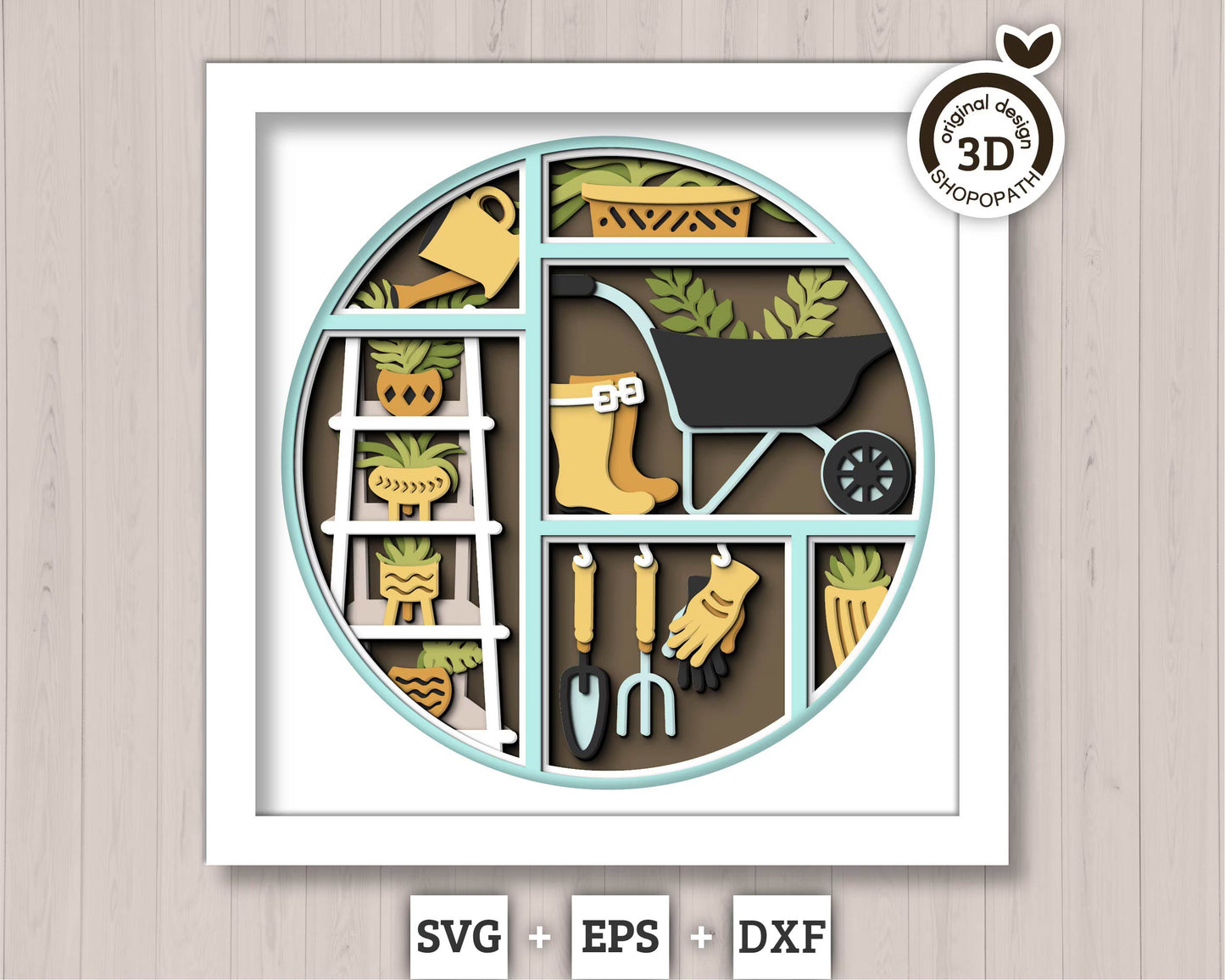 3D SVG Gardening Shadow Box SVG Spring Garden With Leaves and Flowers With Ceramic Potted Plants And Tools Layered svg, Cricut Silhouette