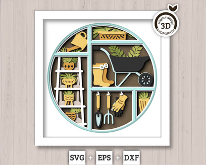 3D SVG Gardening Shadow Box SVG Spring Garden With Leaves and Flowers With Ceramic Potted Plants And Tools Layered svg, Cricut Silhouette