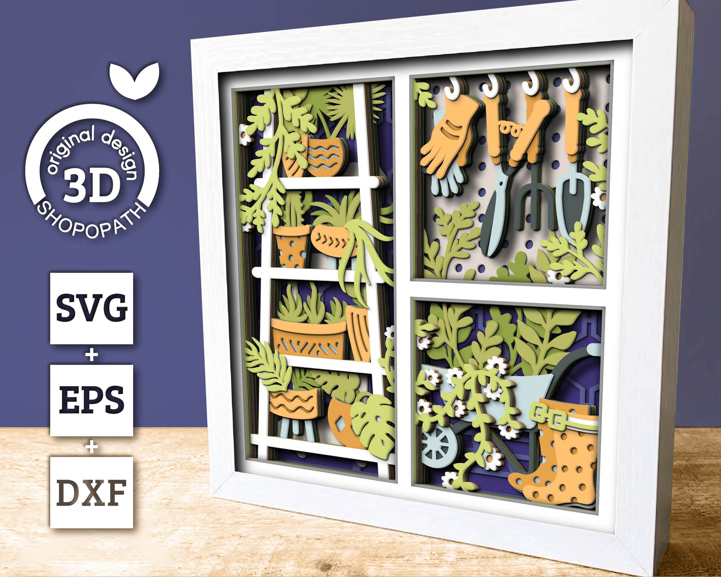 3D SVG Gardening Shadow Box SVG Spring Garden With Leaves and Flowers Shelf With Potted Plants And Tools Layered svg, Cricut Silhouette