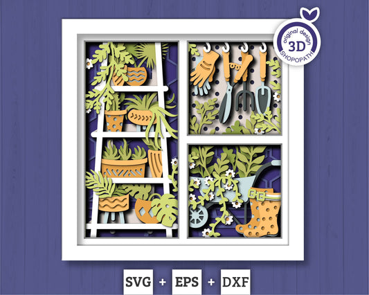 3D SVG Gardening Shadow Box SVG Spring Garden With Leaves and Flowers Shelf With Potted Plants And Tools Layered svg, Cricut Silhouette