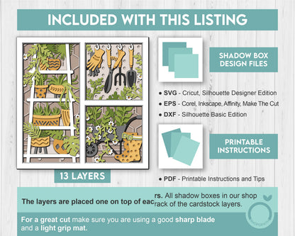 3D SVG Gardening Shadow Box SVG Spring Garden With Leaves and Flowers Shelf With Potted Plants And Tools Layered svg, Cricut Silhouette