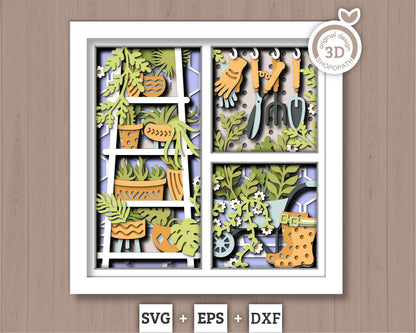 3D SVG Gardening Shadow Box SVG Spring Garden With Leaves and Flowers Shelf With Potted Plants And Tools Layered svg, Cricut Silhouette
