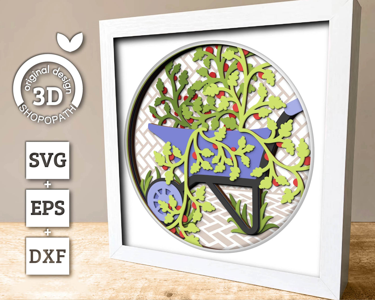 3D SVG Gardening Shadow Box SVG Spring Garden With Leaves and Flowers Wheelbarrow With Tomato Plant Layered svg, Cricut Silhouette