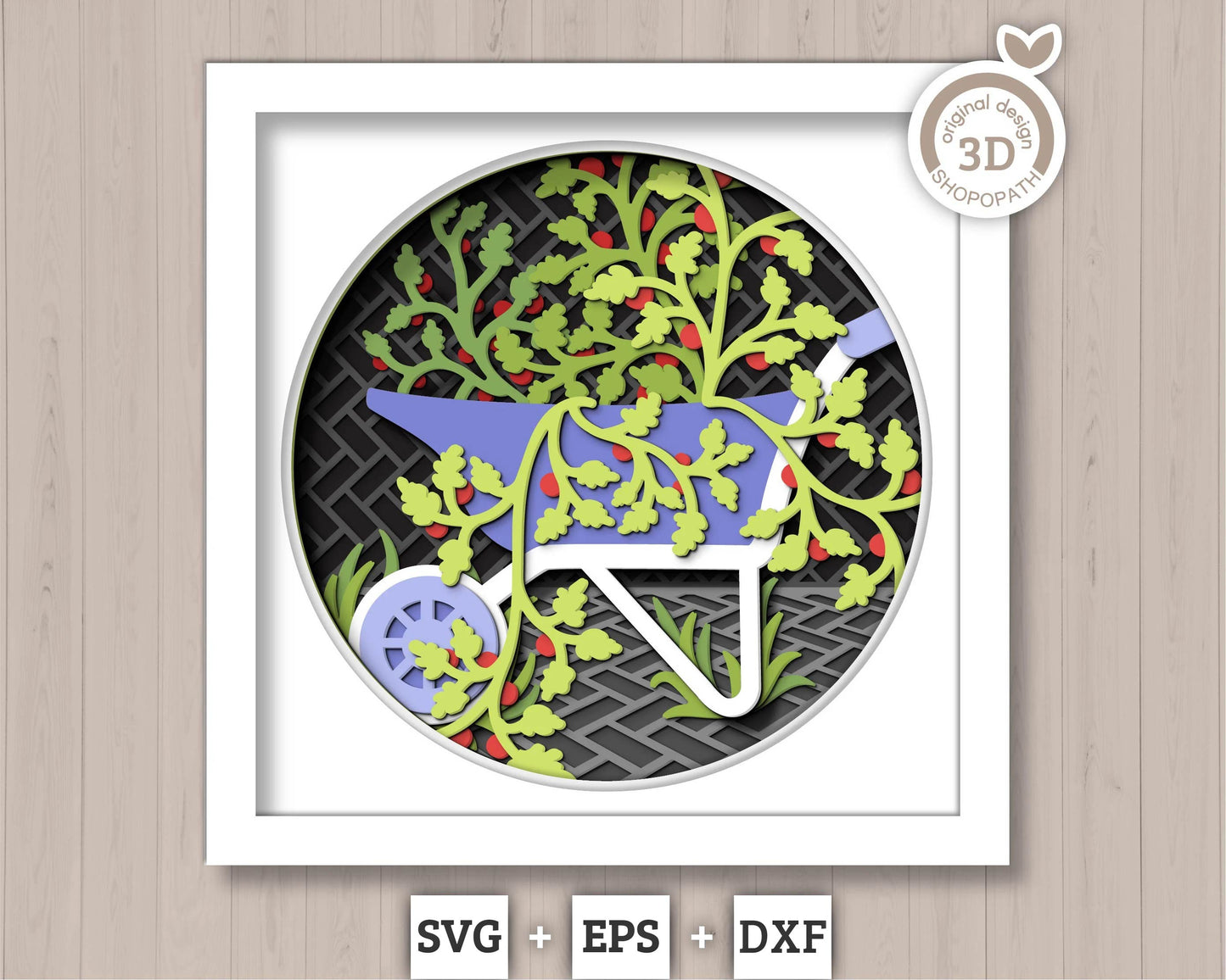 3D SVG Gardening Shadow Box SVG Spring Garden With Leaves and Flowers Wheelbarrow With Tomato Plant Layered svg, Cricut Silhouette