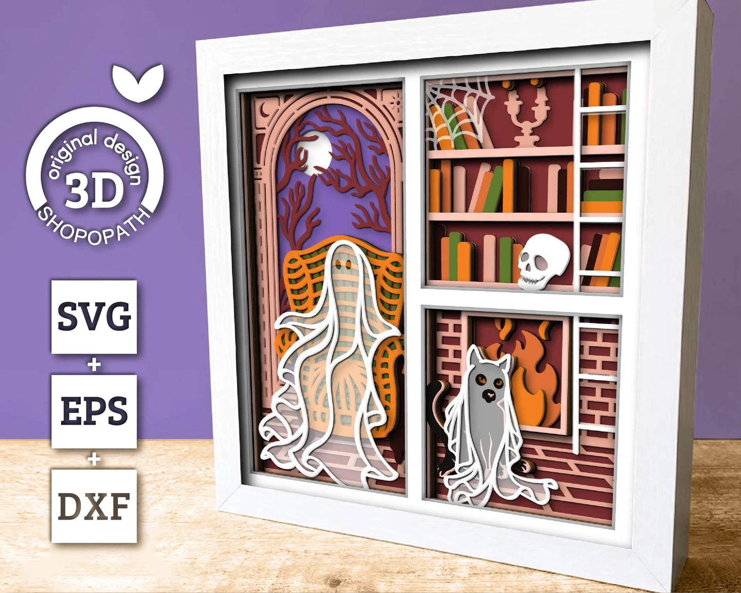 3D SVG Halloween Ghost Shadow Box, Layered Cat Halloween, Library Books 3D Svg Layered Papercut svg, 3d Halloween, Cricut Silhouette