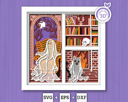 3D SVG Halloween Ghost Shadow Box, Layered Cat Halloween, Library Books 3D Svg Layered Papercut svg, 3d Halloween, Cricut Silhouette