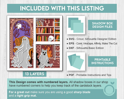3D SVG Halloween Ghost Shadow Box, Layered Cat Halloween, Library Books 3D Svg Layered Papercut svg, 3d Halloween, Cricut Silhouette