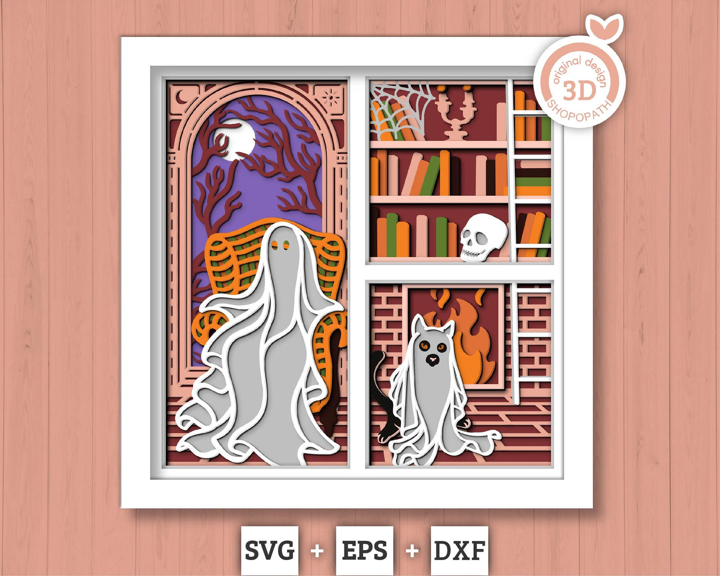 3D SVG Halloween Ghost Shadow Box, Layered Cat Halloween, Library Books 3D Svg Layered Papercut svg, 3d Halloween, Cricut Silhouette