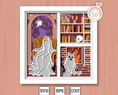 3D SVG Halloween Ghost Shadow Box, Layered Cat Halloween, Library Books 3D Svg Layered Papercut svg, 3d Halloween, Cricut Silhouette