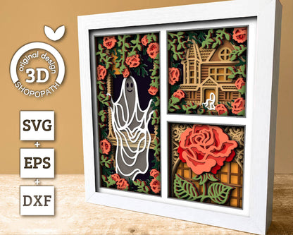 3D SVG Halloween Ghost Shadow Box, Layered Roses Halloween, Haunted House 3D Svg Layered Papercut svg, 3d Halloween, Cricut Silhouette