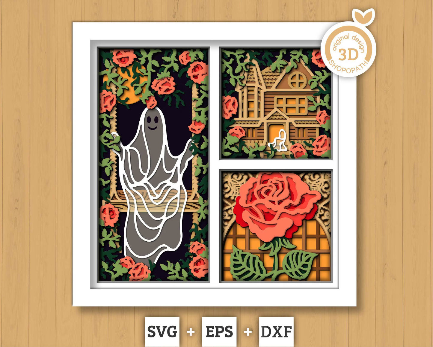 3D SVG Halloween Ghost Shadow Box, Layered Roses Halloween, Haunted House 3D Svg Layered Papercut svg, 3d Halloween, Cricut Silhouette