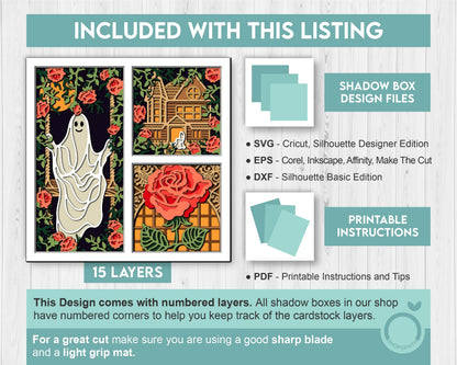 3D SVG Halloween Ghost Shadow Box, Layered Roses Halloween, Haunted House 3D Svg Layered Papercut svg, 3d Halloween, Cricut Silhouette